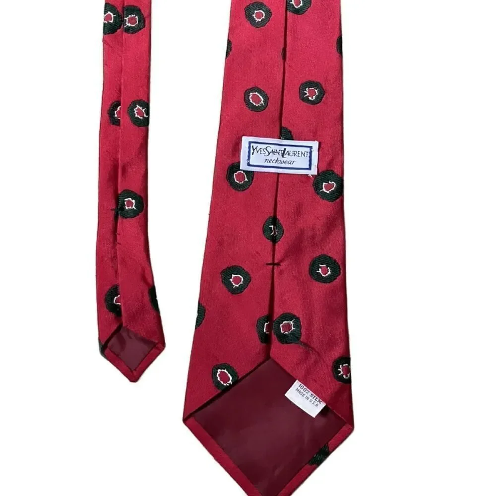 Yves Saint Laurent Vintage 100% Silk Red Christmas Tie w/Green Wreath Designs